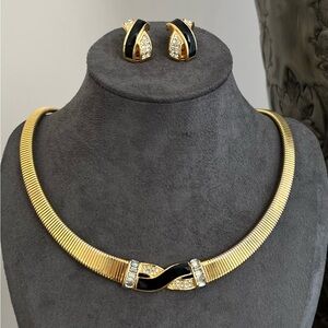 Vintage Christian Dior X Cross Black Enamel Rhinestone Gold Earring Necklace Set